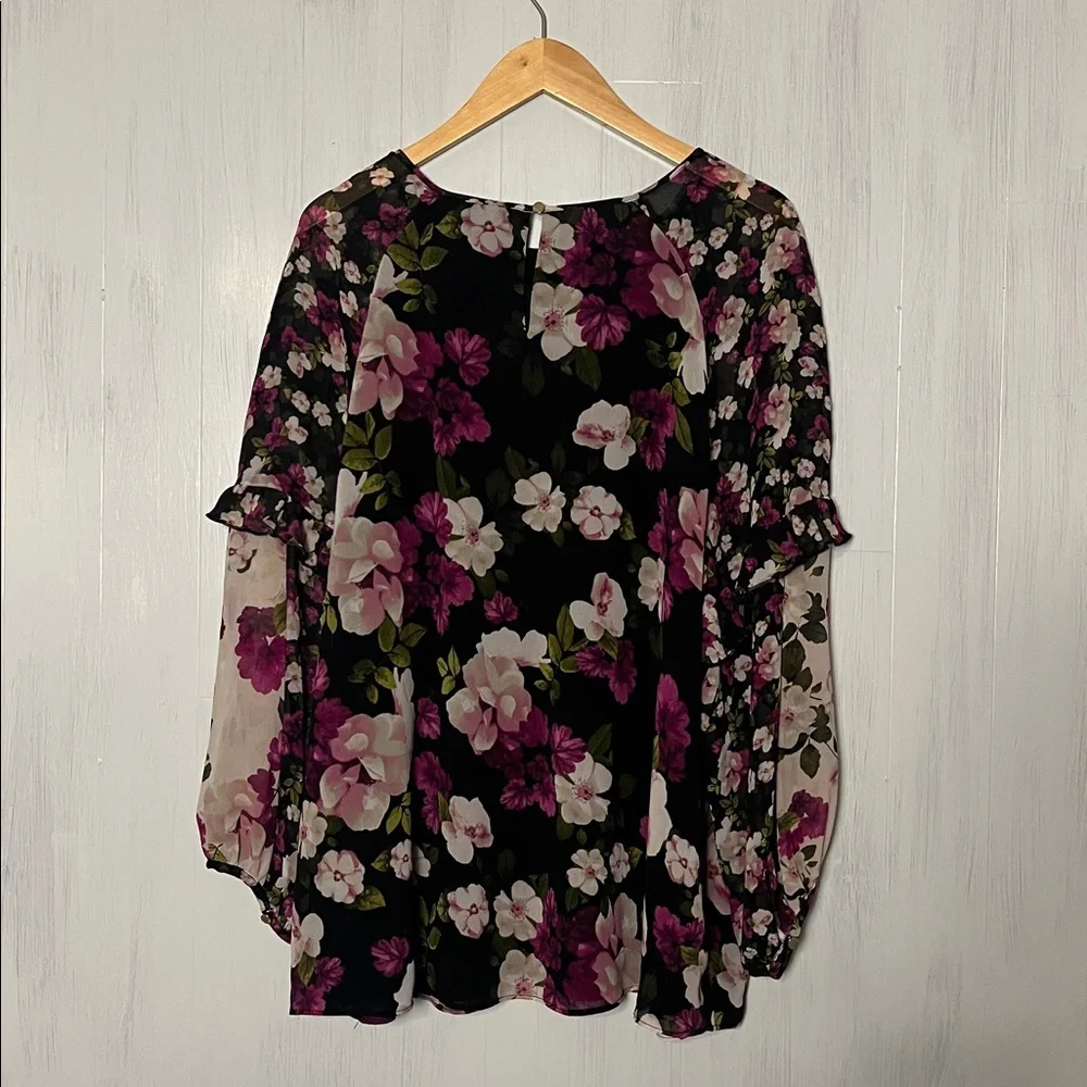 Calvin Klein Floral‎ Black and Pink Ruffle Sleeve Blouse Size 1X - Picture 4 of 8